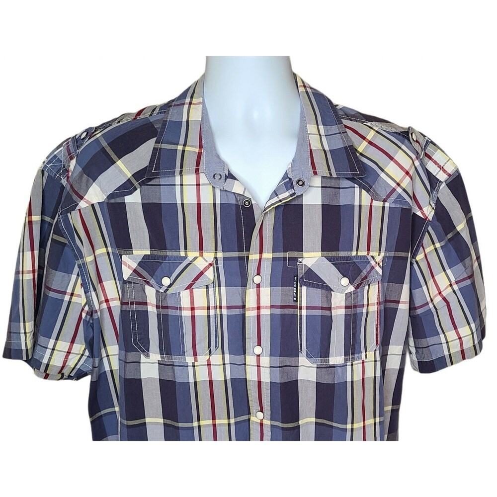 Ecko Unltd Mens Shirt 3XL S/S Blue Plaid w\ Snaps - Division East All City XXXL